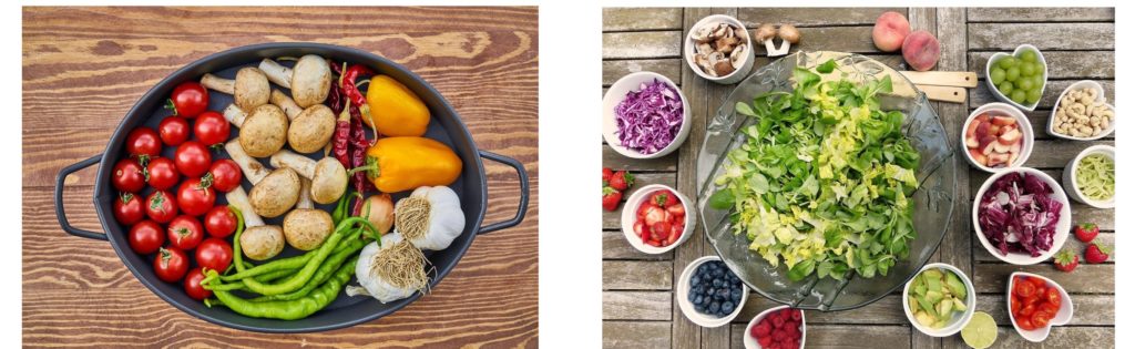 Man sieht zwei Bilder mit jeweils lauter gesunden Lebensmitteln wie Gemüse, Obst und Nüsse.