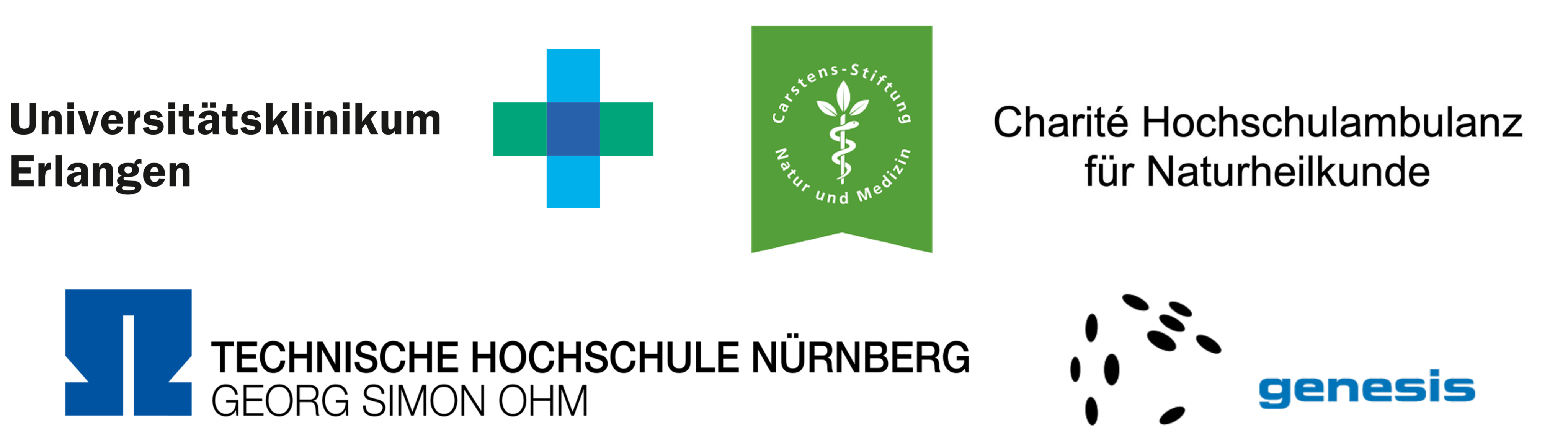 Diese Darstellung zeigt die Logos von: UK Erlangen, Carstens Stiftung, TH Nürnberg und genesis; sowie den Schriftzug "Charité Hochschulambulanz für Naturheilkunde".